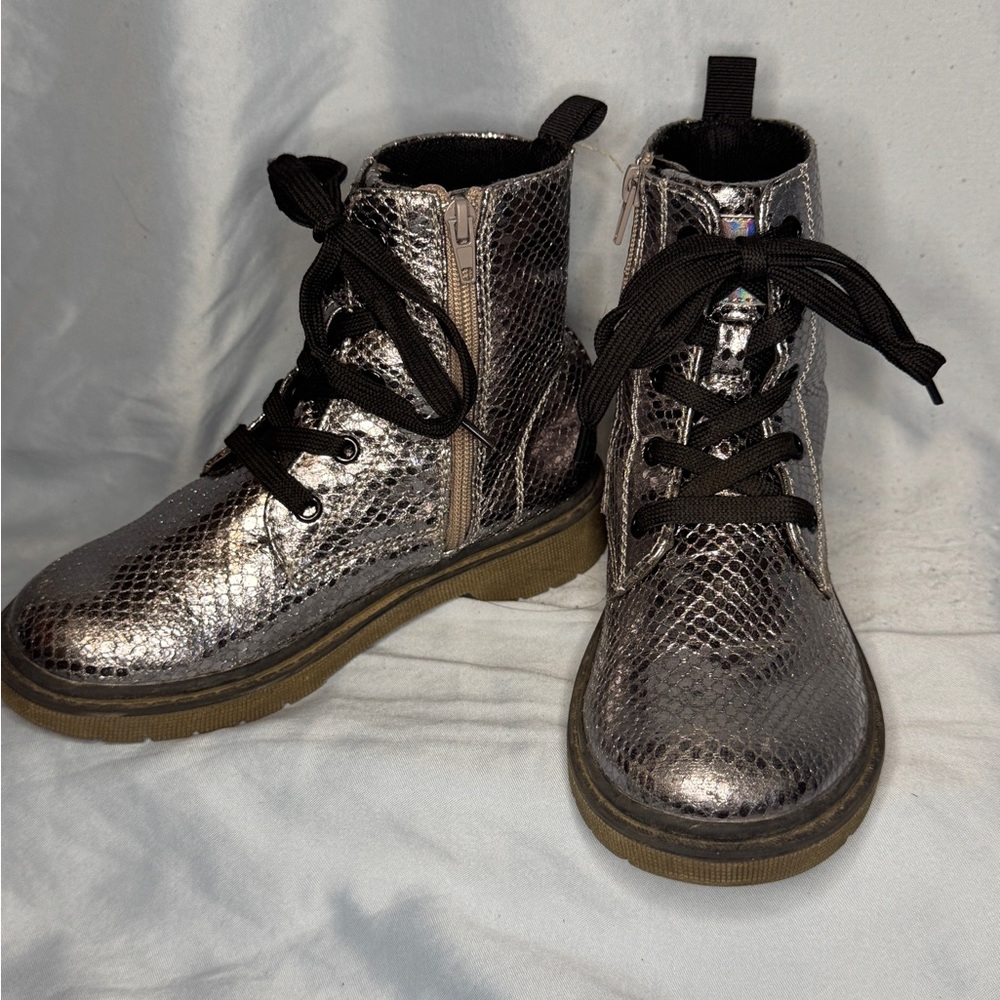 Snake-Print Metallic Combat Boots – Girls 12 - Picture 2 of 8